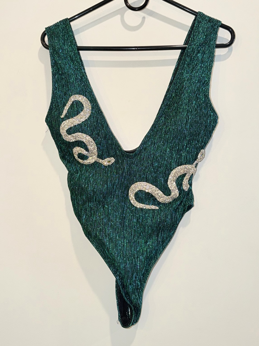 Evita Emerald Green V-Neck One-Piece Swimsuit with Sparkle Snake Detail, Sz Sm